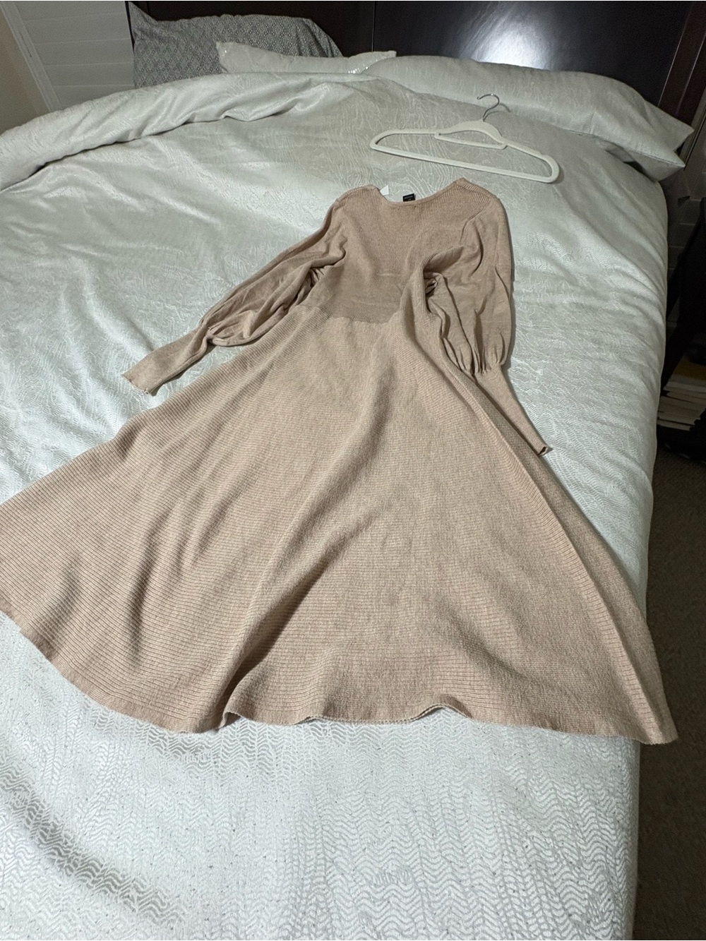 Rachel Zoe Puff-Sleeve Knit Dress in Beige Size L Short Dress - Picture 12 of 13